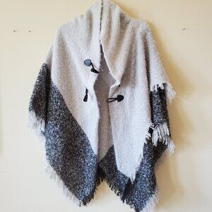 MIXIT Grey/Black Fringe Button Closure Poncho SZ One Size